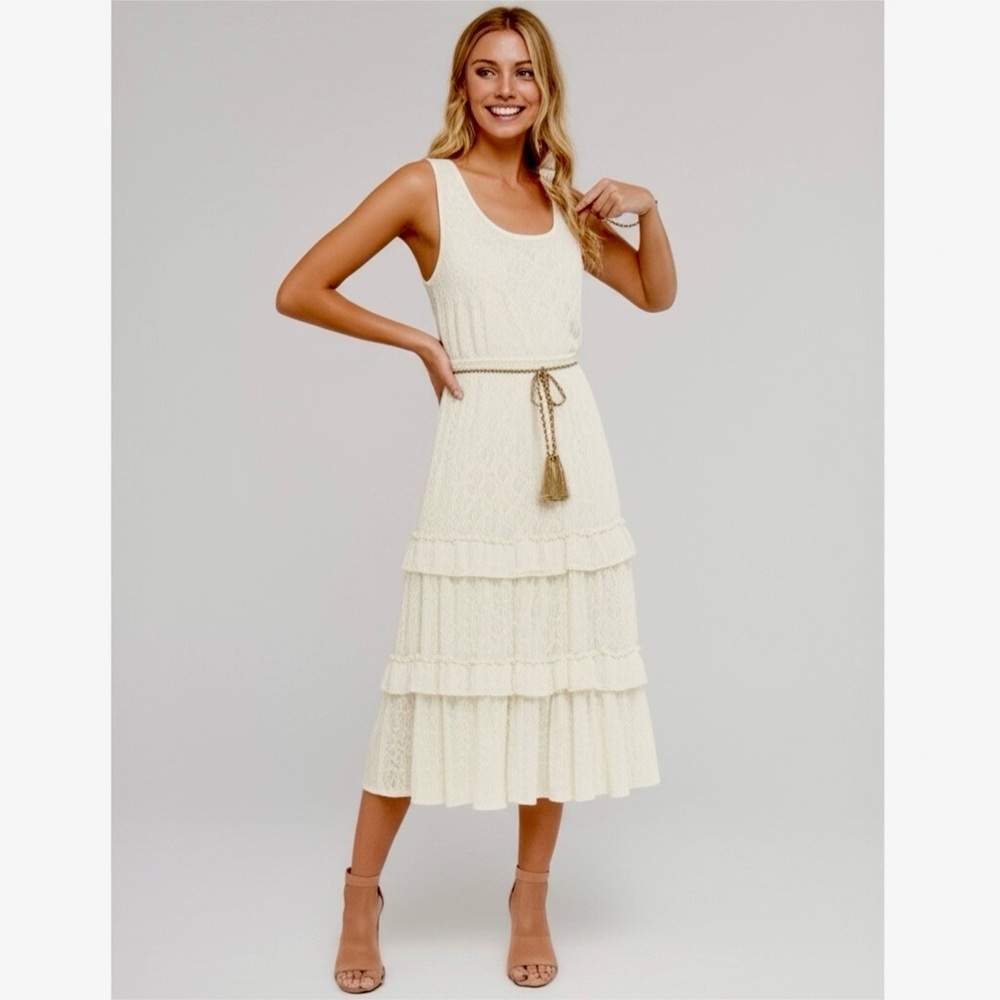 New KATE & LILY Elegant Cream Lace Boho Midi Dress Sleeveless Ruffle Sz Medium